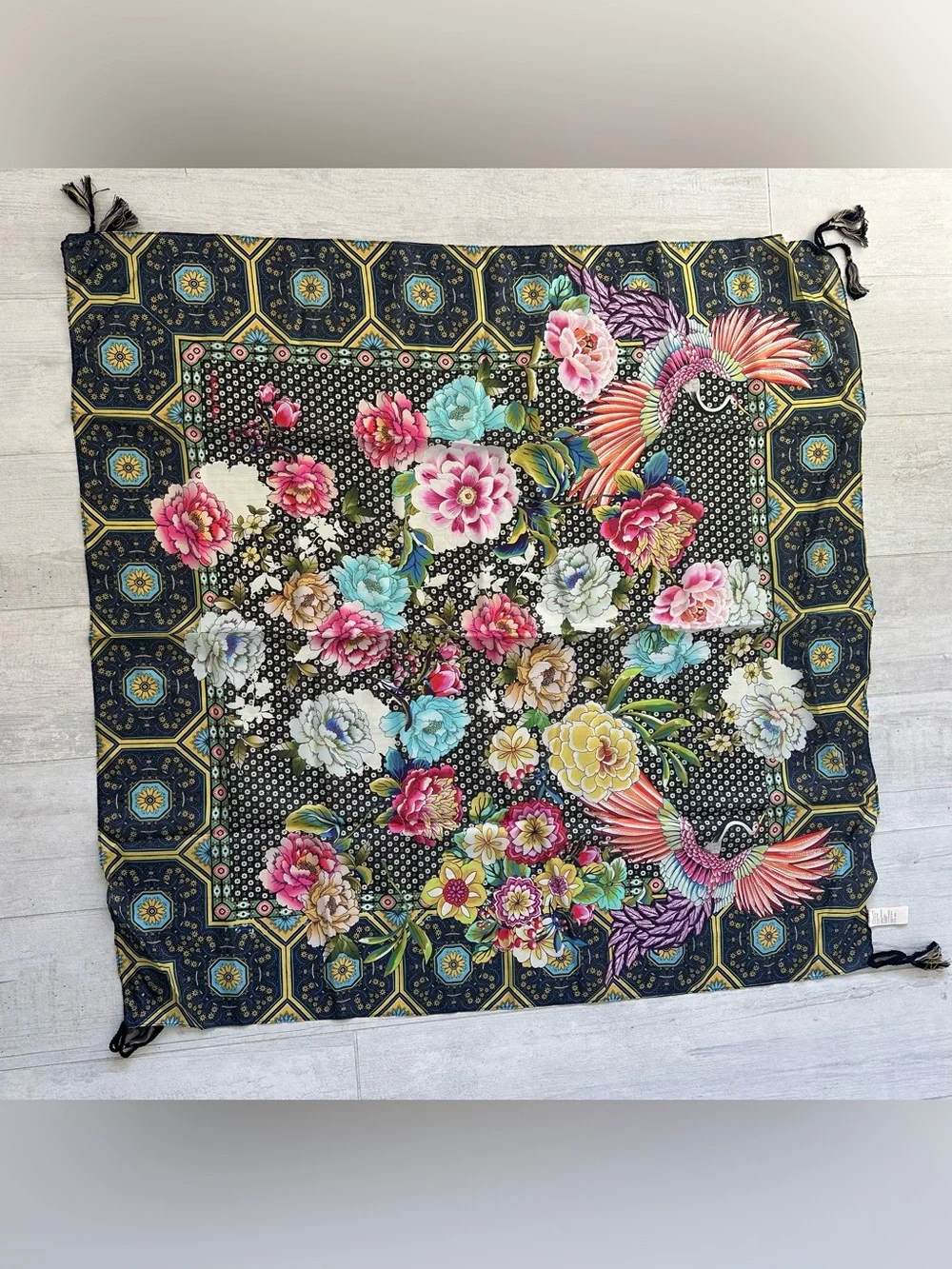 Johnny Was Fagan Silk Scarf with vibrant colorful floral and bird print on black